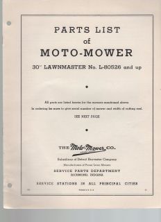 VINTAGE Ephemera ~ MOTO MOWER PARTS LIST LAWNMASTER 30 1950S 6 PGS
