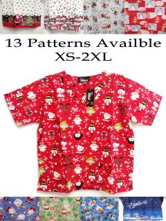   Christmas Print Medical Uniform V Neck Scrub Top XS 2XL 13 Patterns