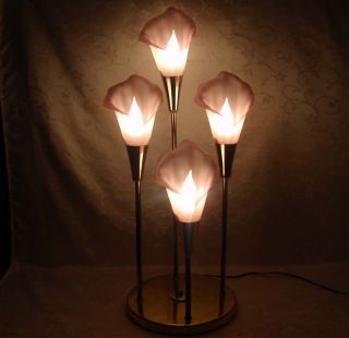 RETRO FOUR BULB PINK CALLA LILY BRASS TABLE TOP LAMP