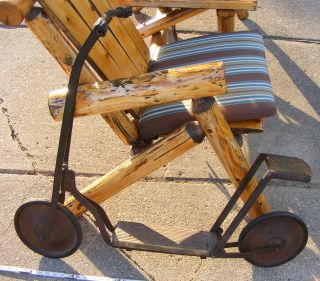 Antique Metal & Wood Childrens Push Scooter With Fold Up Seat