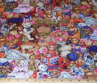   Bears Teddy Victorian Roses Fabric by Yard Quilting Cotton teddies
