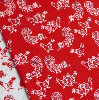   Hen Cockerel on Red print fabric chicken bird easter quilting craft
