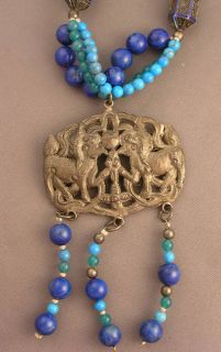 Antique Chinese Foo Dog Medallion with Lapis & Turquoise Color Beads 