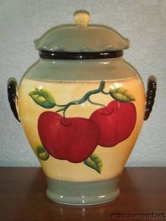   RED APPLE COOKIE JAR Fruit COUNTRY Kitchen Decor Canister Gold Green