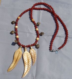   SPECIES LES BERNARD Carnelian Red Bead Necklace w/ Carved Feathers