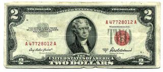   TWO DOLLAR BILL UNITED STATES US $2 PAPER MONEY NOTE#A47728012​A RED