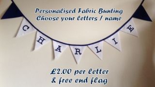 Blue / White Personalised Fabric Bunting Birthday Christening ,Party 