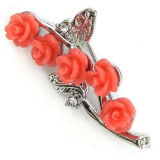 45mm rhinestone synthetic coral carved rose flower pin brooch pink