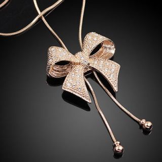 k142 Rose Gold GP Swarovski Crystal bow sweater chain Pendant Necklace