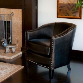 Elegant Tub / Barrel Design Black Leather Club Chair With Nail Heads 