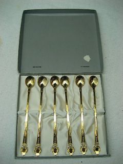 24k GOLD PLATED ICED TEA SPOONS in Box Beautiful Shell Design Janis 
