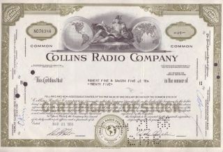 1966 Collins Radio Company Stock Certificate, issued to Robert 