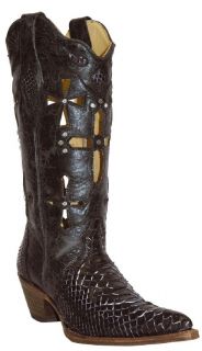   Black Leather Cross Cut Out Boots w/ Python Foot & Crystal Accents