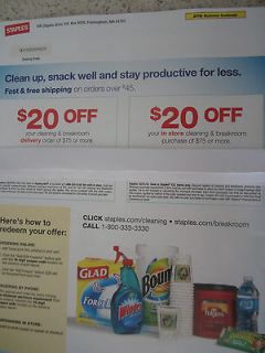 Staples $20Off Your Cleaning & Break room purchase of $75+ Expires 