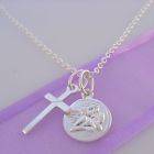 STERLING SILVER SMALL ANGEL & CROSS CHARM NECKLACE 45CM