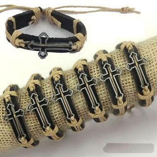 Wholesale 6PCS Cross Alloy Black Genuine Leather bracelet For Gift 