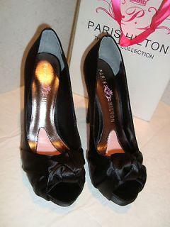 New Paris Hilton Womens Black Crystal Satin Pumps Shoes 7.5 Medium