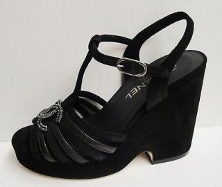   CC Logo Black Suede Leather T Strap Platform Wedge Sandals Shoes 37.5