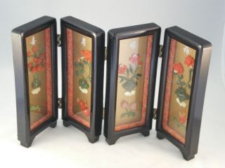   Mini Black Lacquer Oriental Screen with Carved Gem Stone Designs