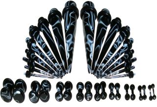   Gauging Kit. Plugs & Tapers Starter Set   36pc Black Marble Swirl
