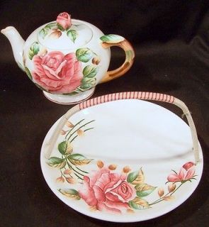 Antique Teapot & Serving Plate w Handle Off White Reposse Pink Roses 