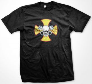  Skull Iron Cross Chopper Motorcycle Pistons Flames Death Mens T Shirt