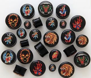 Plugs Pair of Tattoo Logo Double Flare Acrylic 12mm or 14mm