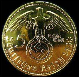 24 CARAT GOLD 5 Reichsmark 1936F Nazi Swastika coin*