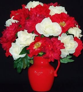   White Roses, Red Zinnia, Poppies & Dahlia Silk Floral Arrangement