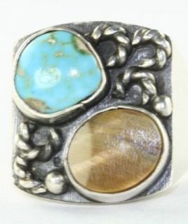   1970S MENS MEXICAN STERLING SILVER TURQUOISE TIGERS EYE RING SIZE 10