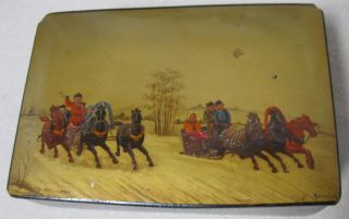 Russian Antique Lacquer Handpainted Box Signed Trinket Sleigh Ride 
