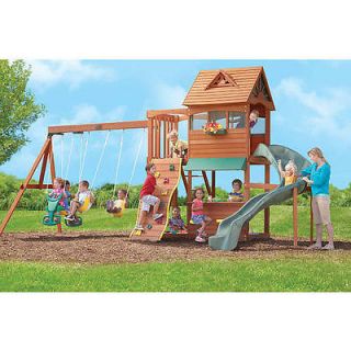 Wooden Fort Clubhouse Playground Slide Backyard Swing Set Gym Rockwall 