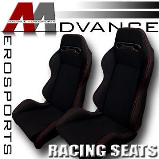 2x T R Type JDM Black Cloth & Red Stitch Sport Racing Bucket Seats 