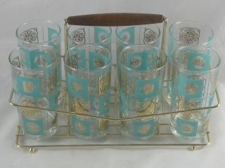 Vintage Retro Set Of 8 Drinking Glasses and Wire Rack Holder Caddy 