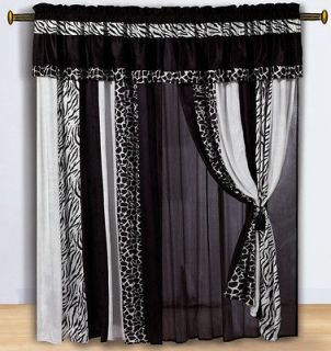 4pcs Black White Zebra Giraffe Micro Fur Window Curtain Drape Set