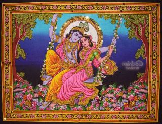 Hindu KRISHNA radha swing sequin wall hanging tapestry indian painting 