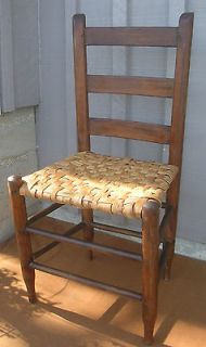   Early Primitive Antique Wooden Ladder Back Split Woven Bottom Chair