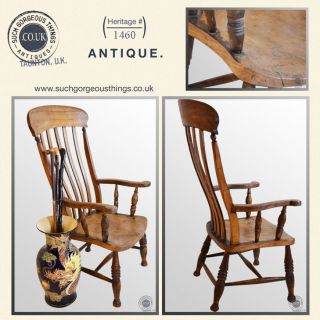 Antique Windsor Lath Back Chair Victorian Country Elm Stick Armchair 