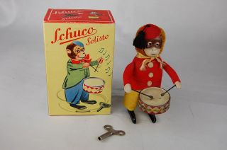 Schuco Clockwork Pre World War II Monkey With Drum W/Hat Tassle Near 
