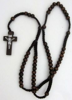 NEW WOOD BEADS MACRAME ROSARY NECKLACE CROSS CRUCIFIX with JESUS 