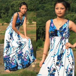 evening Blue Colorful summer Ladys Deep V BOHO Long Maxi Party Dress 