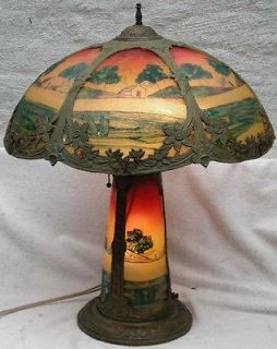   Art Nouveau Reverse Painted Scenic Rib Panel Glass Lamp & Base 18x24