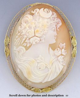 QUALITY 14K GOLD FILIGREE & HAND CARVED SHELL DIANA CAMEO PIN/BROOCH