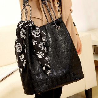 Fashion Womans Black PU Leather Handbag Totes Bag Skull Pattern Hobos 