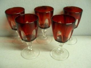   BOHEMIAN LOT 5 CRANBERRY CUT TO CLEAR CORDIAL STEMWARE GLASSES GERMANY