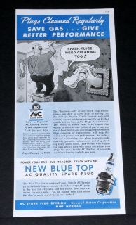 1937 OLD MAGAZINE PRINT AD, AC BLUE TOP SPARK PLUGS, MORE POWER!