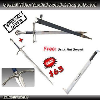   Gandalf Sword + Anduril Sword of Aragon +Free Uruk Hai Sword Save $63