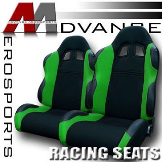 2x Universal LH+RH Blk/Green Fabric & PVC Leather Sport Racing Seats 