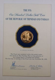   & Tobago Gold $100 Proof Coin, First Gold Coin Issued by Nation