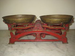 ANTIQUE SCALE   ROBERVAL RED CAST IRON BALANCE COPPER TRAYS EUROPE 